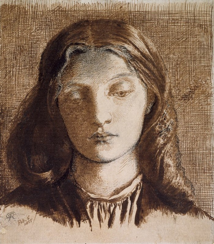 Dante Gabriel Rossetti, 'Elizabeth Siddal', 1855. Pen and brown and black ink on paper, with some scratching out, 13 x 11.2 cm. Source: Ashmolean Museum, Facebook.