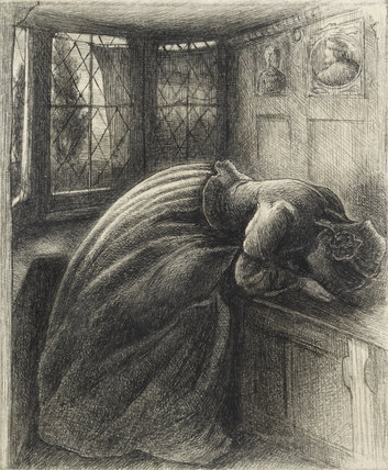 John Everett Millais, 'Mariana', illustration for 'The Moxon Tennyson', 1855-57. Pen and ink on paper, 9.6 x 7.9 cm. Source: Ashmolean Museum.