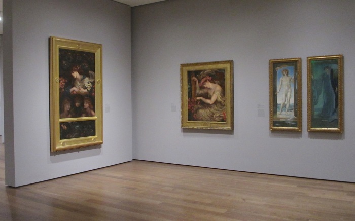 Level 2, Room 2013 of the Fogg. From left to right: Dante Gabriel Rossetti, 'The Blessed Damozel' and 'A Sea-Spell'; Edward Burne-Jones, 'Day' and 'Night'.