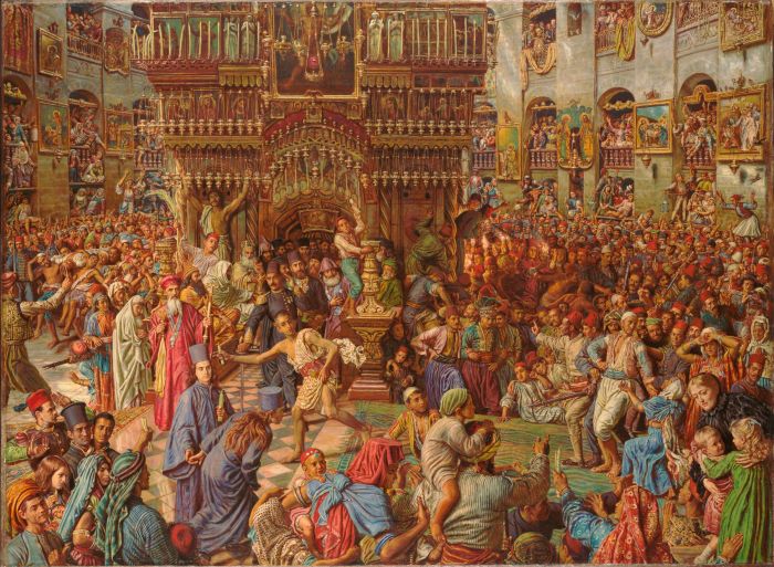 William Holman Hunt, 'The Miracle of the Sacred Fire, Church of the Holy Sepulchre', 1892-9. Oil and resin on canvas, 92.1 x 125.7 cm (unframed).
