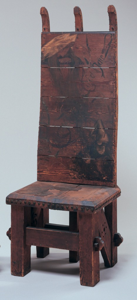 William Morris and D. G. Rossetti, Glorious Guendolen's Golden Hair, c. 1856-7. Painted chair. Delaware Art Museum.