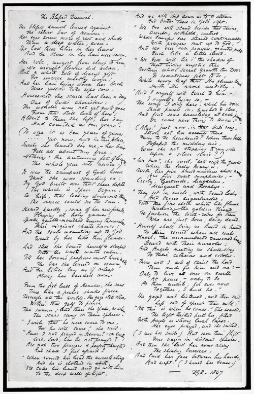 Fair copy manuscript of 'The Blessed Damozel', copied out by Rossetti and given to Elizabeth Barrett and Robert Browning in 1855. Morgan Library, New York / Rossetti Archive.